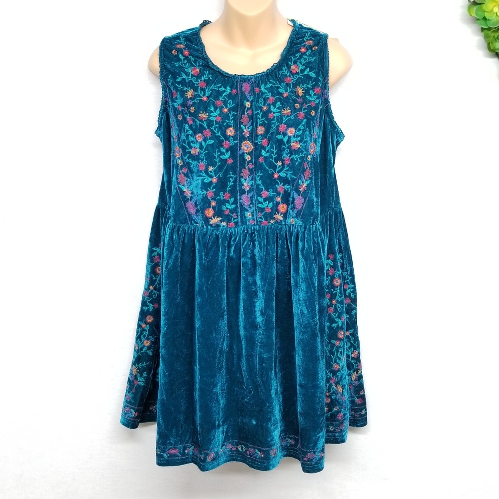 Umgee Boho Embroidered Velour Tank Dress - Picture 1 of 8